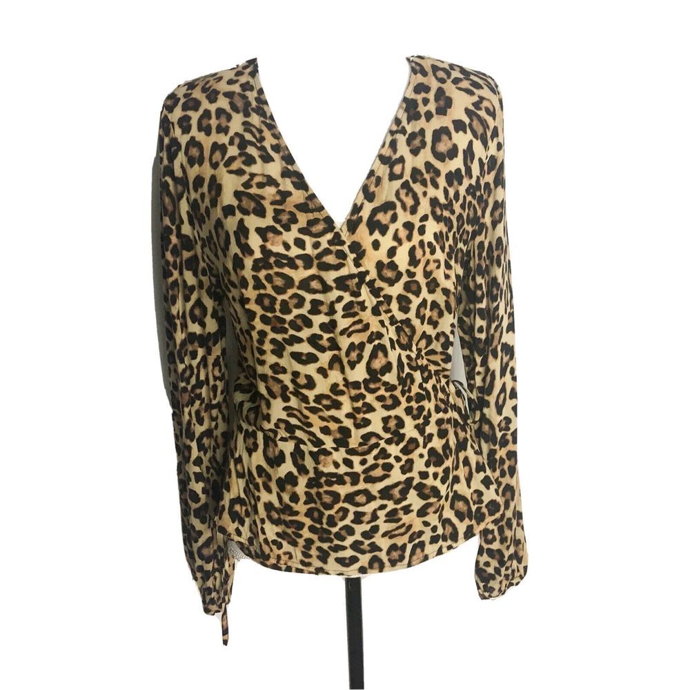 H&M Animal Print Wrap Long Sleeve Blouse, size 10 Brown Black